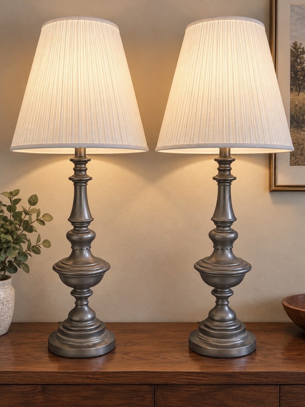 Classic Metal Table Lamp Pair with Cream Shades